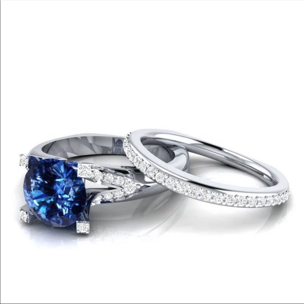 New 2pc Set 925 Silver Sapphire Ring - Picture 2 of 2